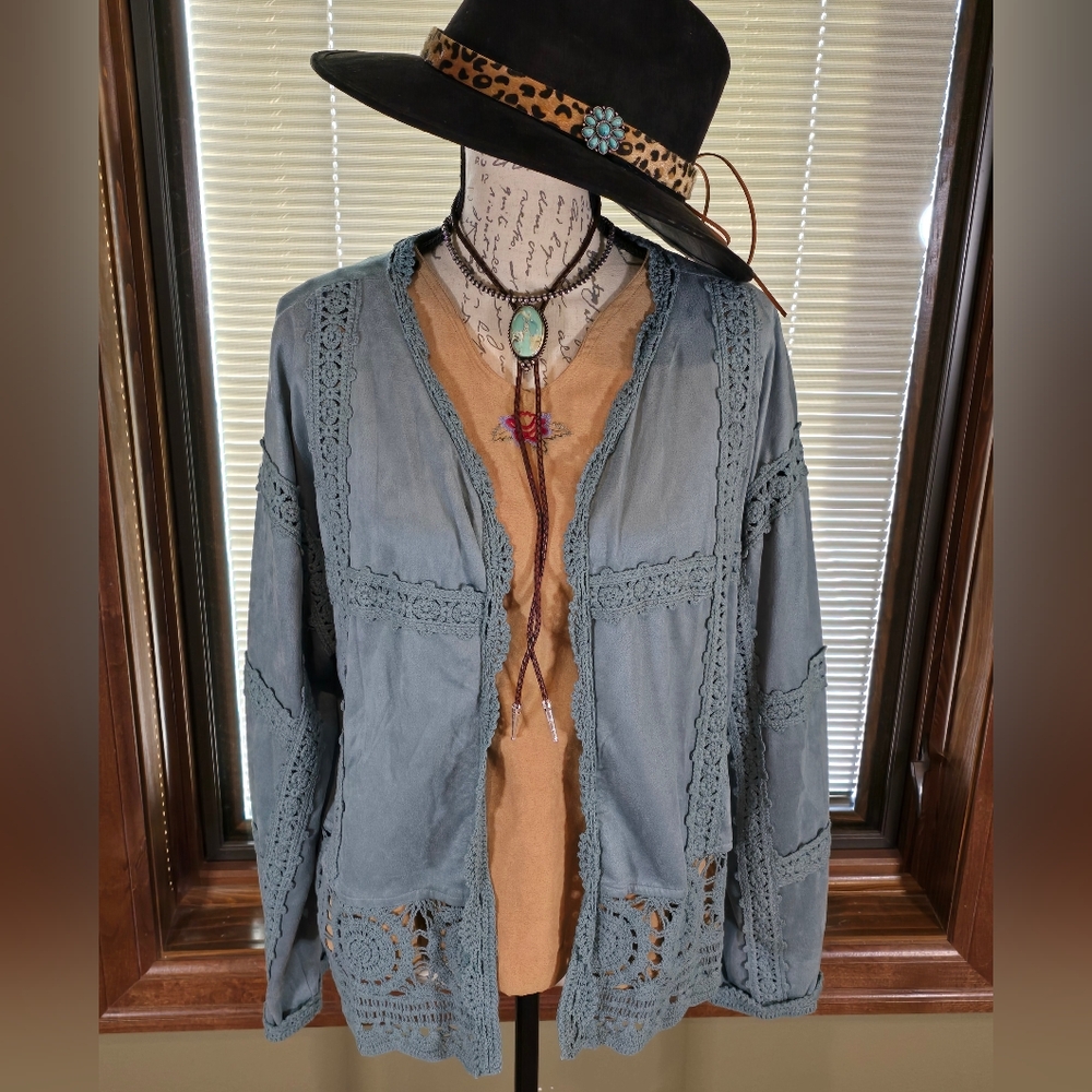 Miss Me Blue Crochet Faux Suede Cardigan